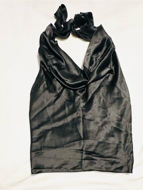 White House Black Market 100% Silk Black Halter Top with Cowl Neck
